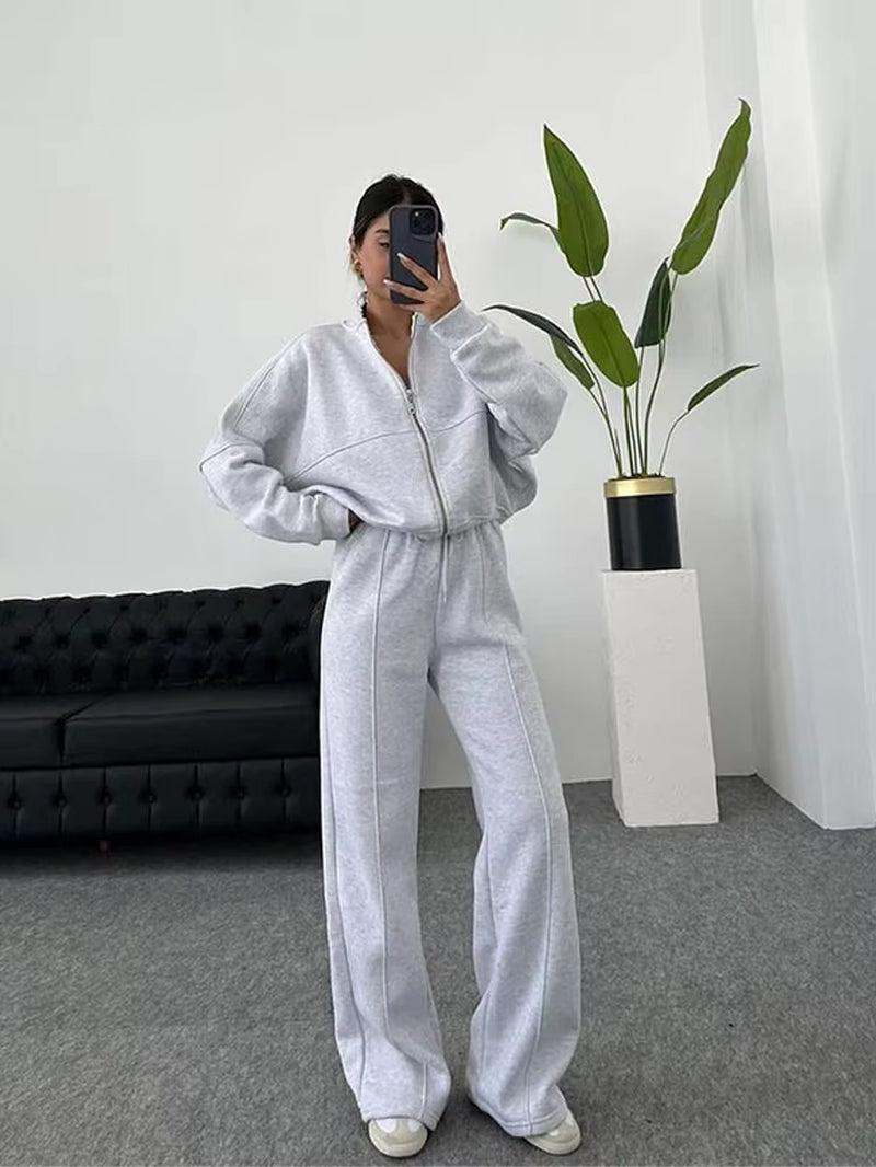 Women Sweatsuit Set Vintage O-Neck Zipper Bomber Jackets High Waist Loose Pants Suit Female 2025 Spring Fashion Lady Sportswear