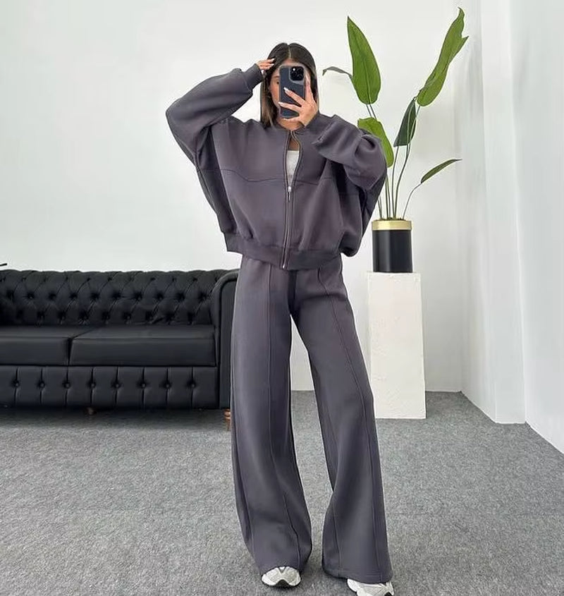 Women Sweatsuit Set Vintage O-Neck Zipper Bomber Jackets High Waist Loose Pants Suit Female 2025 Spring Fashion Lady Sportswear