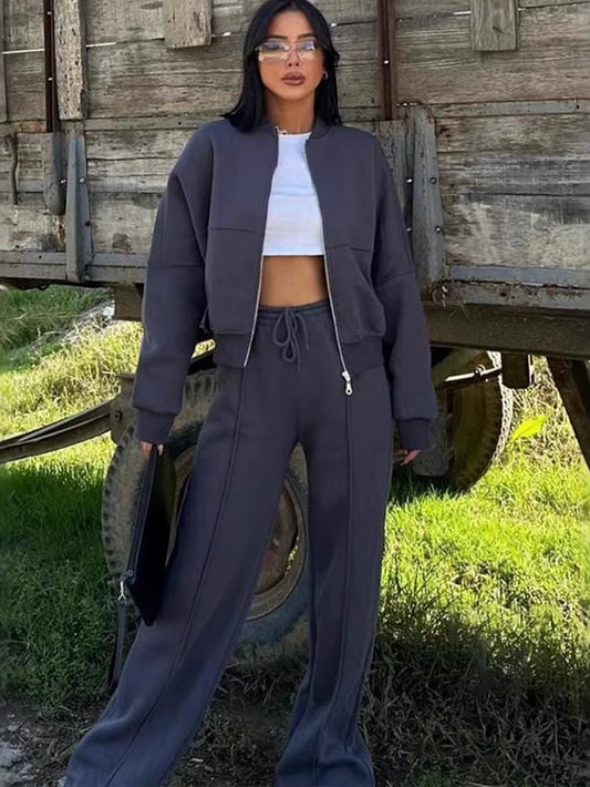 Women Sweatsuit Set Vintage O-Neck Zipper Bomber Jackets High Waist Loose Pants Suit Female 2025 Spring Fashion Lady Sportswear