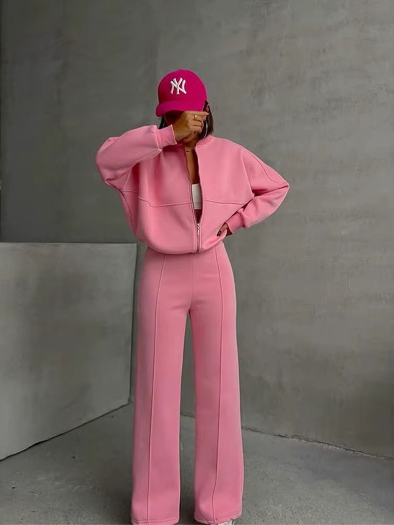 Women Sweatsuit Set Vintage O-Neck Zipper Bomber Jackets High Waist Loose Pants Suit Female 2025 Spring Fashion Lady Sportswear