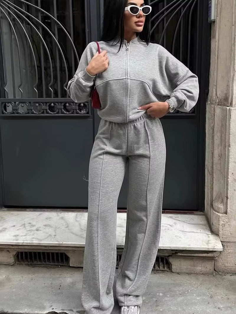Women Sweatsuit Set Vintage O-Neck Zipper Bomber Jackets High Waist Loose Pants Suit Female 2025 Spring Fashion Lady Sportswear