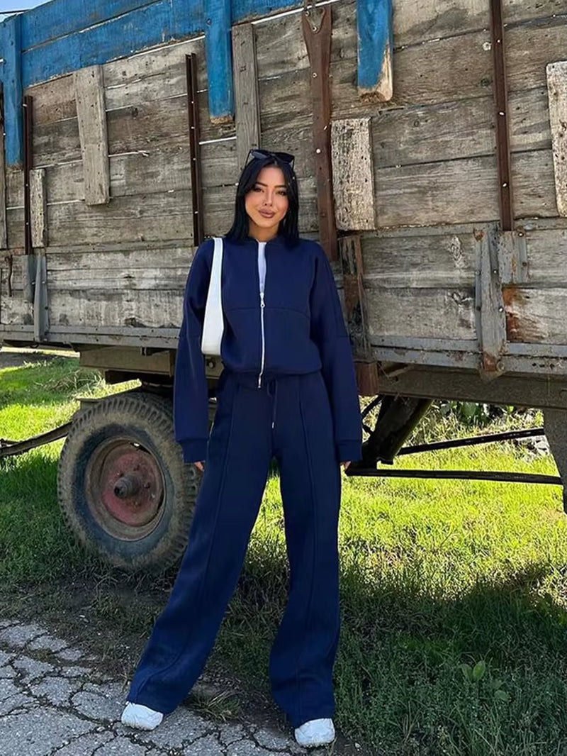 Women Sweatsuit Set Vintage O-Neck Zipper Bomber Jackets High Waist Loose Pants Suit Female 2025 Spring Fashion Lady Sportswear