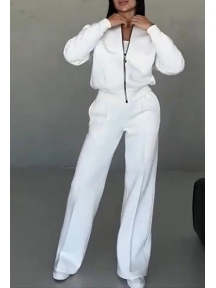 Women Tracksuit 2 Pieces Set Fashion Long Sleeve Zipper Coat Casual Solid Sweatshirt Straight Pants Suit Ladies Autumn Sportwear