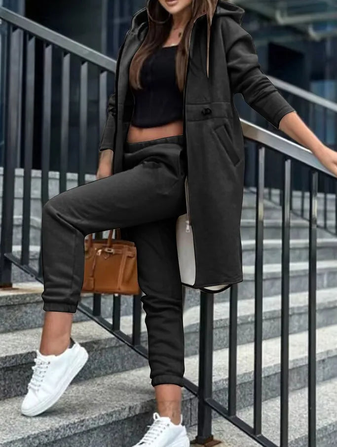 Women Autumn Winter Sweatshirt Set Trouser Set Solid Color Zip Hooded Swaetshirt Pocket Casual Fashion Regular Pencil Pants Set