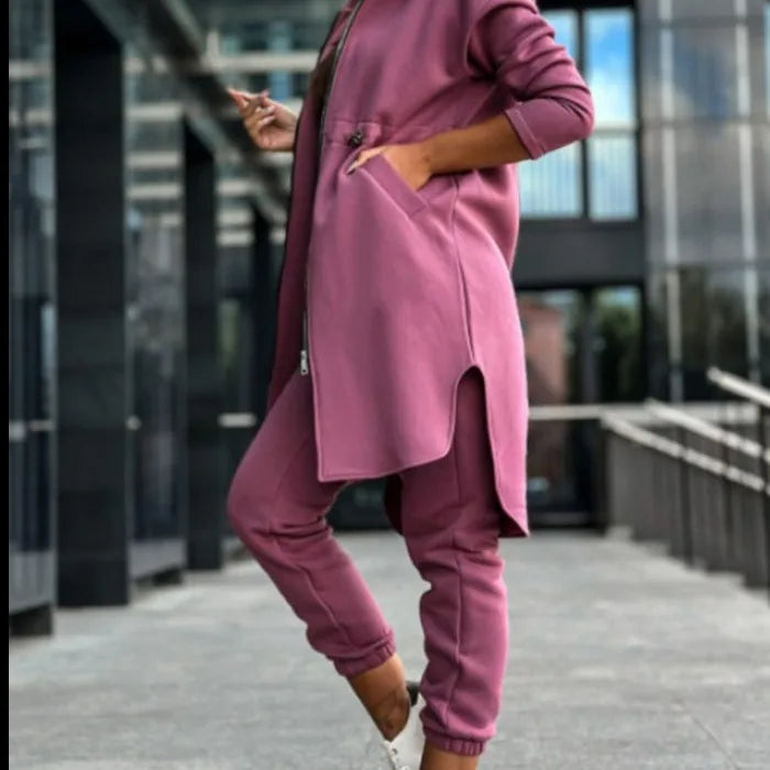 Women Autumn Winter Sweatshirt Set Trouser Set Solid Color Zip Hooded Swaetshirt Pocket Casual Fashion Regular Pencil Pants Set