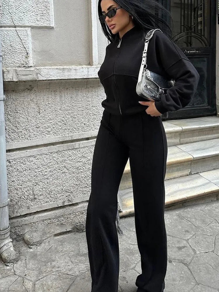 Casual Sweatshirt Pants Set Solid Zippers Jackets Loose High Waist Lace-Up Elastic Waist Trousers Suits Sportswear 2 Pieces
