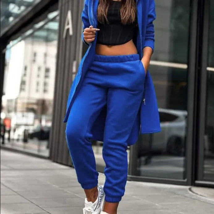 Women Autumn Winter Sweatshirt Set Trouser Set Solid Color Zip Hooded Swaetshirt Pocket Casual Fashion Regular Pencil Pants Set