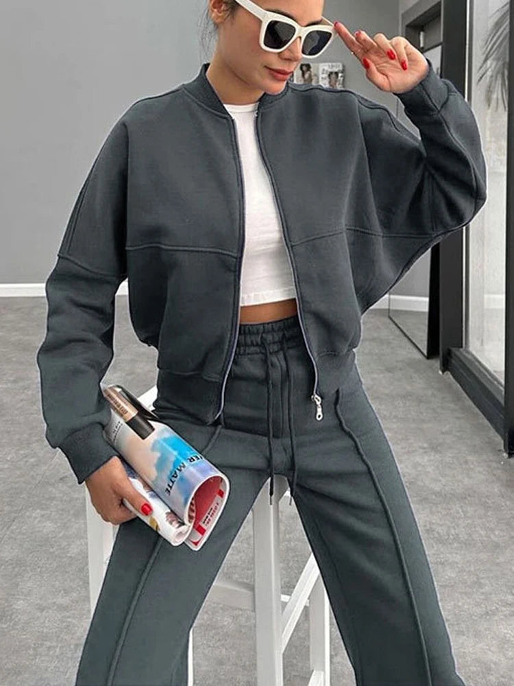 Casual Sweatshirt Pants Set Solid Zippers Jackets Loose High Waist Lace-Up Elastic Waist Trousers Suits Sportswear 2 Pieces