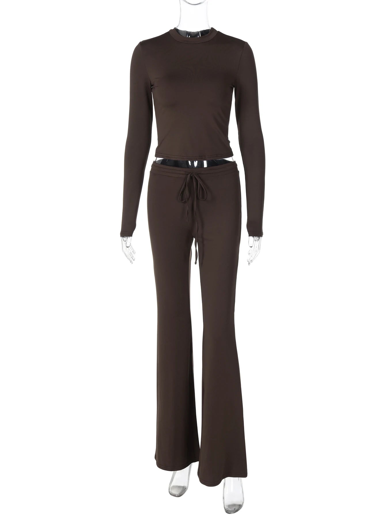 Women’S Casual 2 Piece Pants Set Long Sleeves Bodycon Crop Top and Drawstring Flare Pants Matching Set Streetwear Autumn