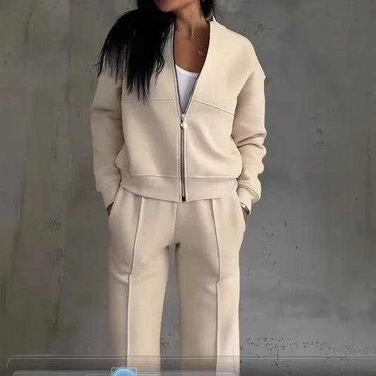 Women Tracksuit 2 Pieces Set Fashion Long Sleeve Zipper Coat Casual Solid Sweatshirt Straight Pants Suit Ladies Autumn Sportwear