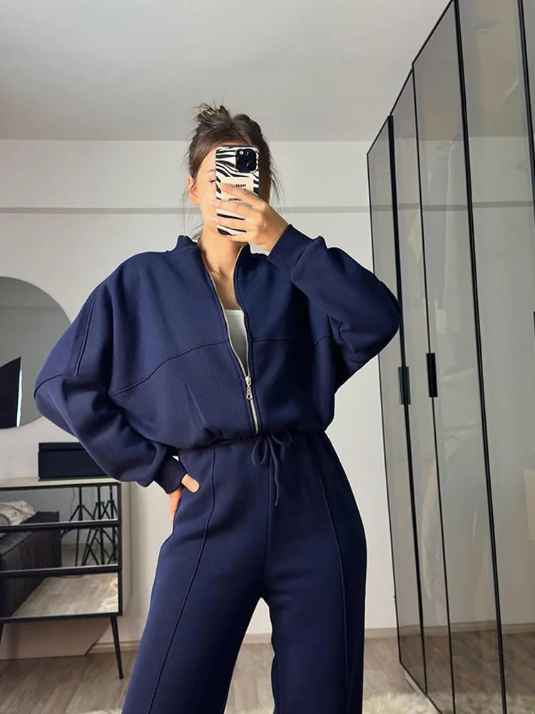 Casual Sweatshirt Pants Set Solid Zippers Jackets Loose High Waist Lace-Up Elastic Waist Trousers Suits Sportswear 2 Pieces