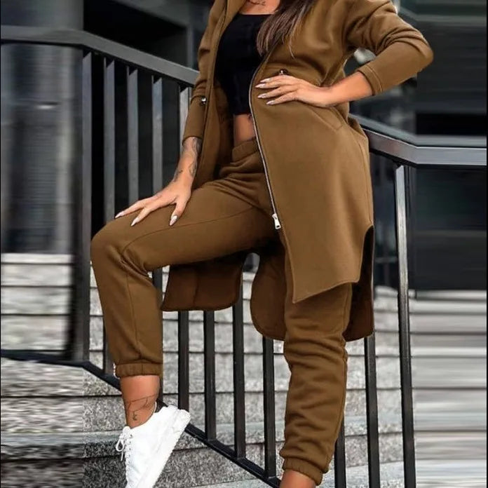 Women Autumn Winter Sweatshirt Set Trouser Set Solid Color Zip Hooded Swaetshirt Pocket Casual Fashion Regular Pencil Pants Set
