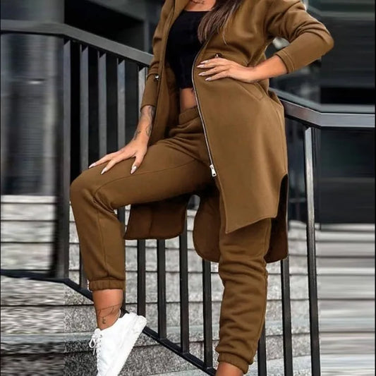 Women Autumn Winter Sweatshirt Set Trouser Set Solid Color Zip Hooded Swaetshirt Pocket Casual Fashion Regular Pencil Pants Set