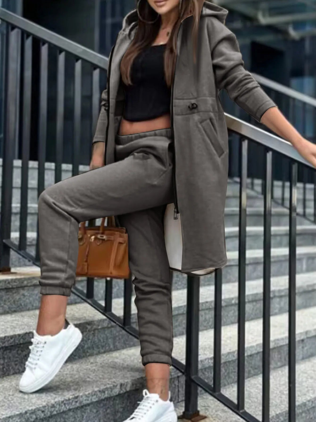 Women Autumn Winter Sweatshirt Set Trouser Set Solid Color Zip Hooded Swaetshirt Pocket Casual Fashion Regular Pencil Pants Set