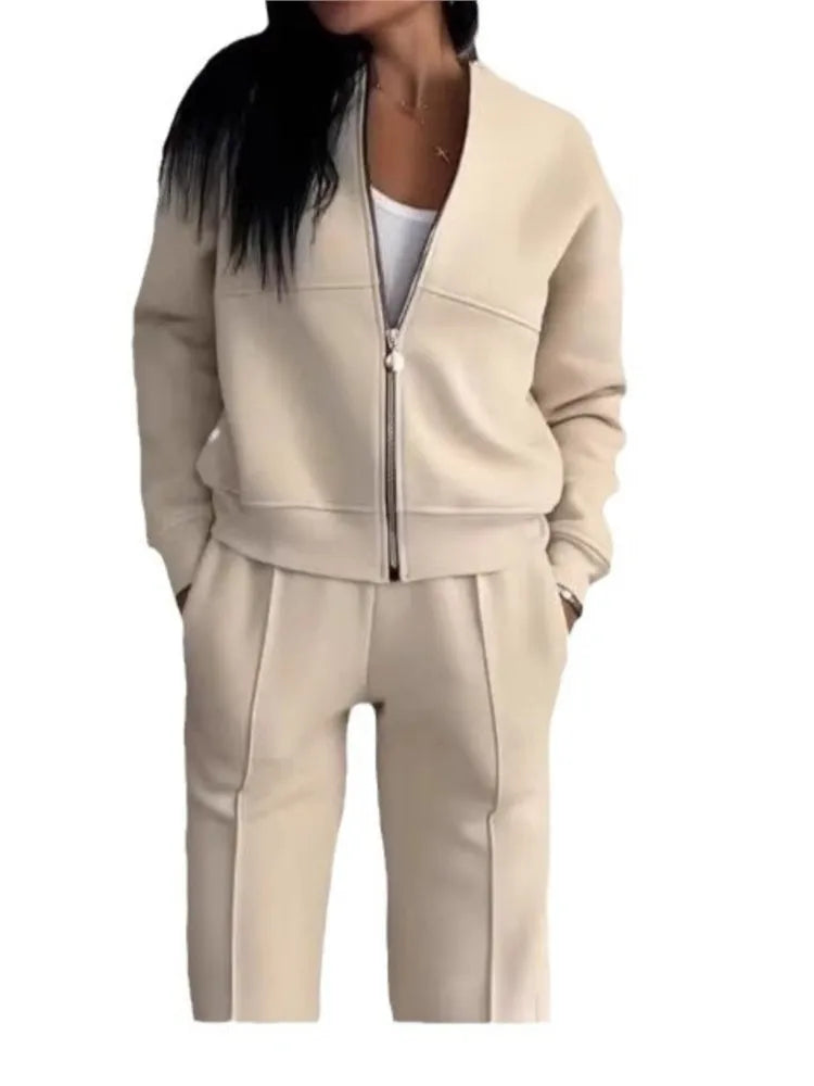 Women Tracksuit 2 Pieces Set Fashion Long Sleeve Zipper Coat Casual Solid Sweatshirt Straight Pants Suit Ladies Autumn Sportwear