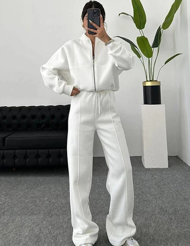 Casual Sweatshirt Pants Set Solid Zippers Jackets Loose High Waist Lace-Up Elastic Waist Trousers Suits Sportswear 2 Pieces