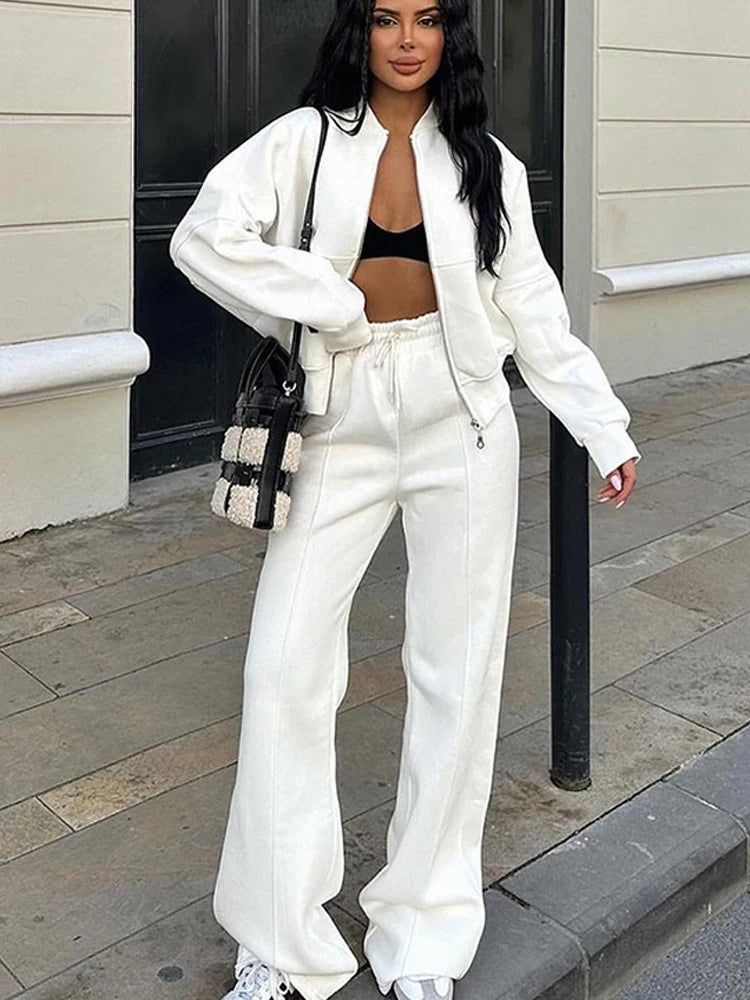 Casual Sweatshirt Pants Set Solid Zippers Jackets Loose High Waist Lace-Up Elastic Waist Trousers Suits Sportswear 2 Pieces