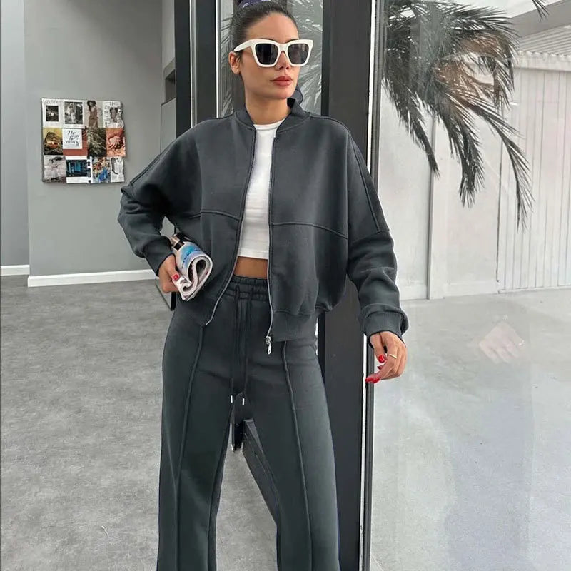 Casual Sweatshirt Pants Set Solid Zippers Jackets Loose High Waist Lace-Up Elastic Waist Trousers Suits Sportswear 2 Pieces