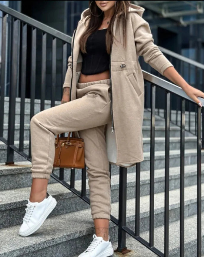 Women Autumn Winter Sweatshirt Set Trouser Set Solid Color Zip Hooded Swaetshirt Pocket Casual Fashion Regular Pencil Pants Set