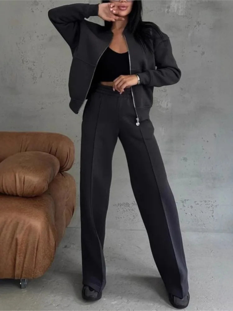 Women Tracksuit 2 Pieces Set Fashion Long Sleeve Zipper Coat Casual Solid Sweatshirt Straight Pants Suit Ladies Autumn Sportwear