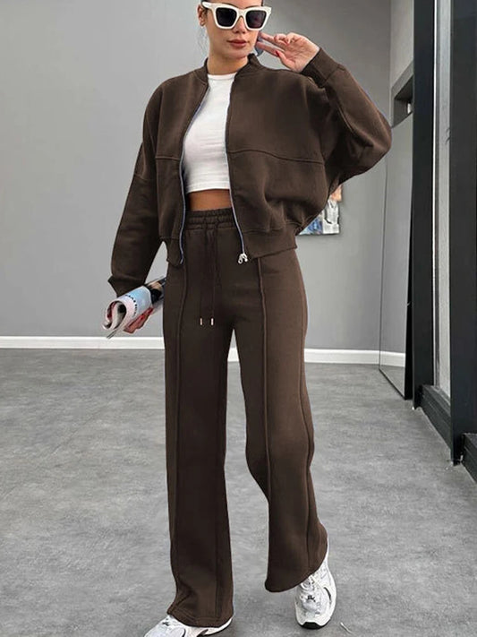 Casual Sweatshirt Pants Set Solid Zippers Jackets Loose High Waist Lace-Up Elastic Waist Trousers Suits Sportswear 2 Pieces