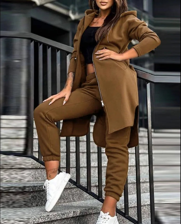 Women Autumn Winter Sweatshirt Set Trouser Set Solid Color Zip Hooded Swaetshirt Pocket Casual Fashion Regular Pencil Pants Set
