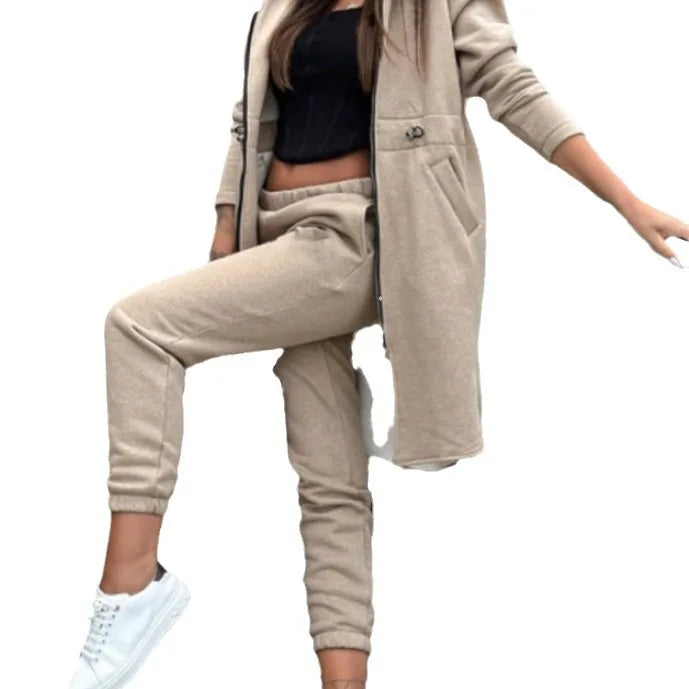 Women Autumn Winter Sweatshirt Set Trouser Set Solid Color Zip Hooded Swaetshirt Pocket Casual Fashion Regular Pencil Pants Set