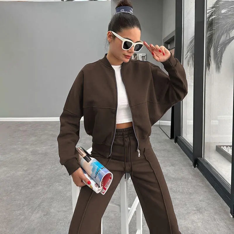 Casual Sweatshirt Pants Set Solid Zippers Jackets Loose High Waist Lace-Up Elastic Waist Trousers Suits Sportswear 2 Pieces