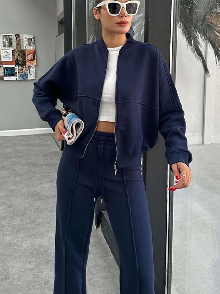 Casual Sweatshirt Pants Set Solid Zippers Jackets Loose High Waist Lace-Up Elastic Waist Trousers Suits Sportswear 2 Pieces