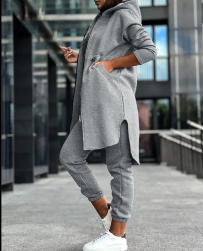 Women Autumn Winter Sweatshirt Set Trouser Set Solid Color Zip Hooded Swaetshirt Pocket Casual Fashion Regular Pencil Pants Set
