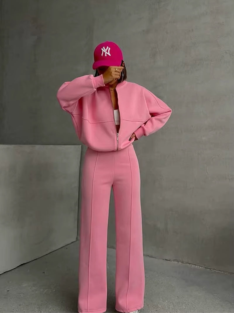 Women Sweatsuit Set Vintage O-Neck Zipper Bomber Jackets High Waist Loose Pants Suit Female 2025 Spring Fashion Lady Sportswear