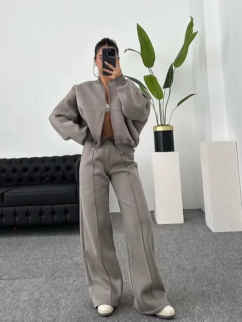Women Sweatsuit Set Vintage O-Neck Zipper Bomber Jackets High Waist Loose Pants Suit Female 2025 Spring Fashion Lady Sportswear
