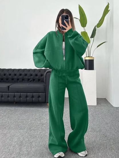 Women Sweatsuit Set Vintage O-Neck Zipper Bomber Jackets High Waist Loose Pants Suit Female 2025 Spring Fashion Lady Sportswear