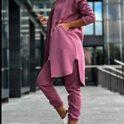 Women Autumn Winter Sweatshirt Set Trouser Set Solid Color Zip Hooded Swaetshirt Pocket Casual Fashion Regular Pencil Pants Set