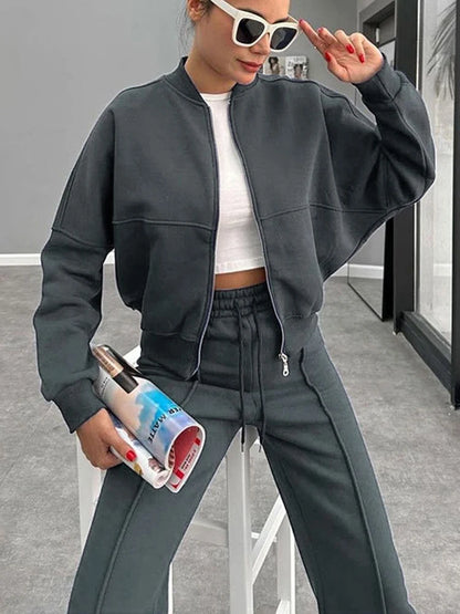 Casual Sweatshirt Pants Set Solid Zippers Jackets Loose High Waist Lace-Up Elastic Waist Trousers Suits Sportswear 2 Pieces