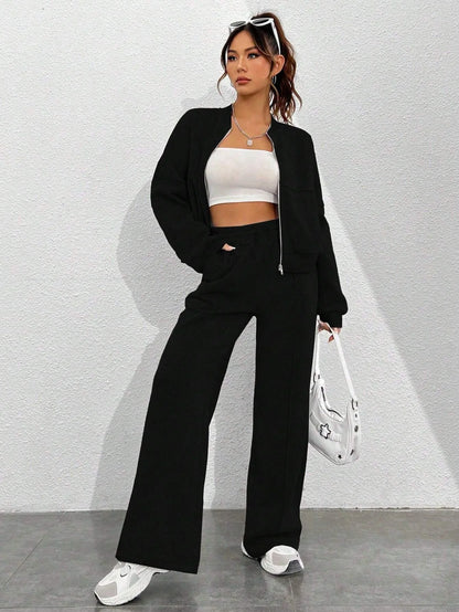 Casual Sweatshirt Pants Set Solid Zippers Jackets Loose High Waist Lace-Up Elastic Waist Trousers Suits Sportswear 2 Pieces