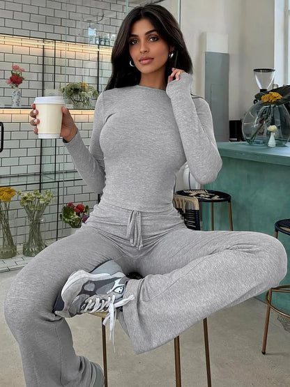 Women’S Casual 2 Piece Pants Set Long Sleeves Bodycon Crop Top and Drawstring Flare Pants Matching Set Streetwear Autumn