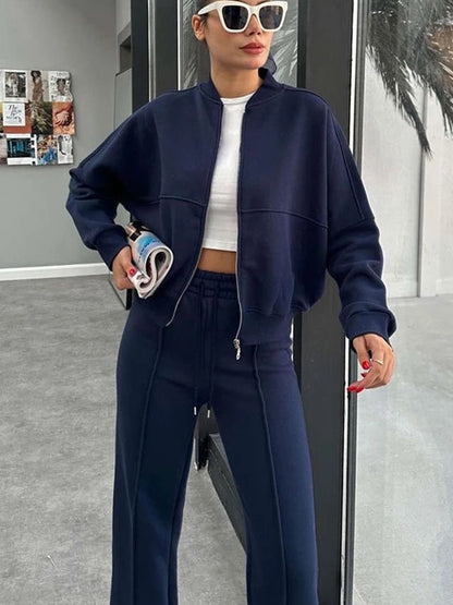 Casual Sweatshirt Pants Set Solid Zippers Jackets Loose High Waist Lace-Up Elastic Waist Trousers Suits Sportswear 2 Pieces