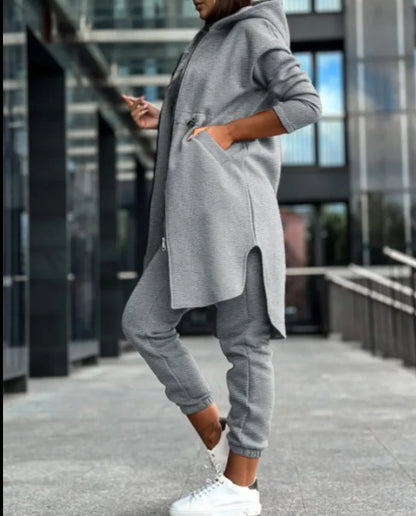 Women Autumn Winter Sweatshirt Set Trouser Set Solid Color Zip Hooded Swaetshirt Pocket Casual Fashion Regular Pencil Pants Set