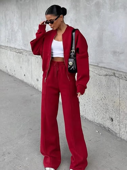 Women Sweatsuit Set Vintage O-Neck Zipper Bomber Jackets High Waist Loose Pants Suit Female 2025 Spring Fashion Lady Sportswear