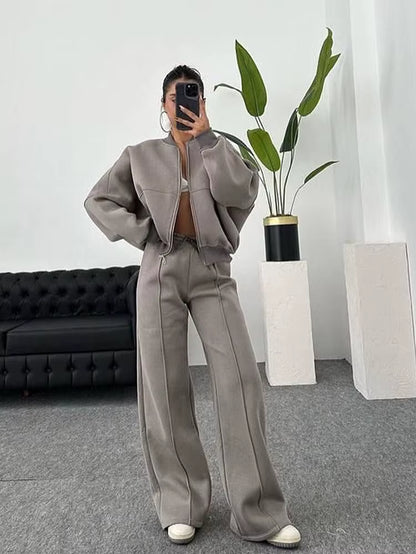 Women Sweatsuit Set Vintage O-Neck Zipper Bomber Jackets High Waist Loose Pants Suit Female 2025 Spring Fashion Lady Sportswear